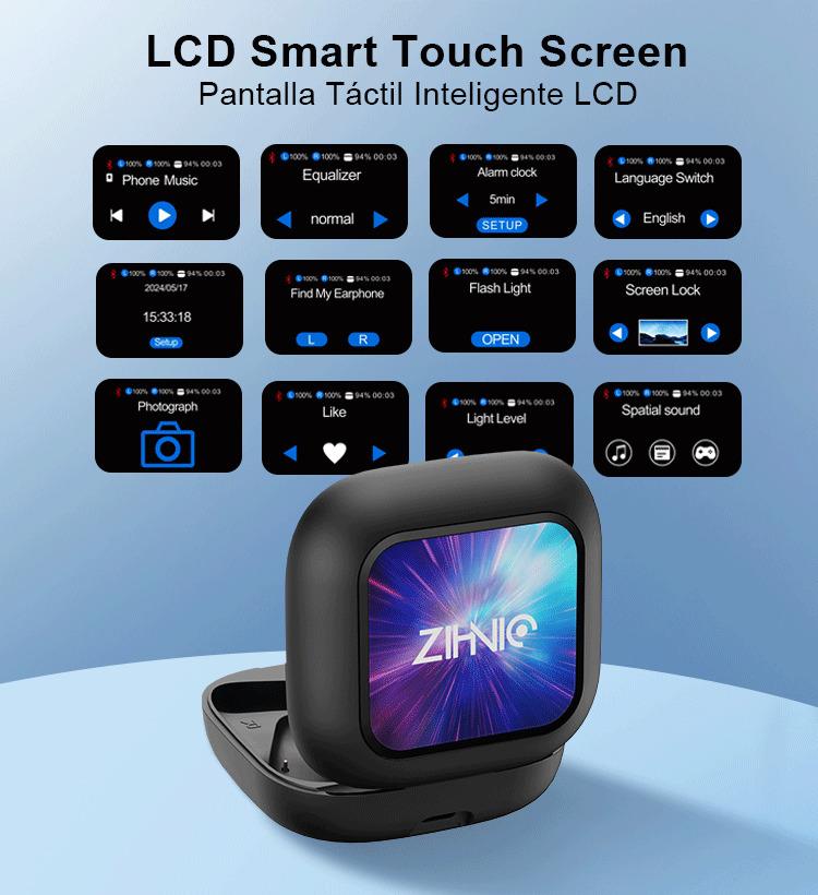 ZIHNIC S16 Open Earphones, Smart Touch-Screen Wireless Bluetooth Earphones, Screen Charging Box With LED Display, Waterproof ultra-long battery life, comfortable to wear, compatible with iPhone and Android, suitable for daily sports, study, office, etc.