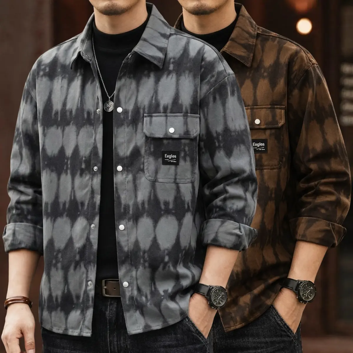 Men's Retro Tie Dye Button-Front Long Sleeve Collared Shirt - Basic Loose-Fit Distressed Menswear Top, Casual Outerwear for Matching Jeans, Polyester
