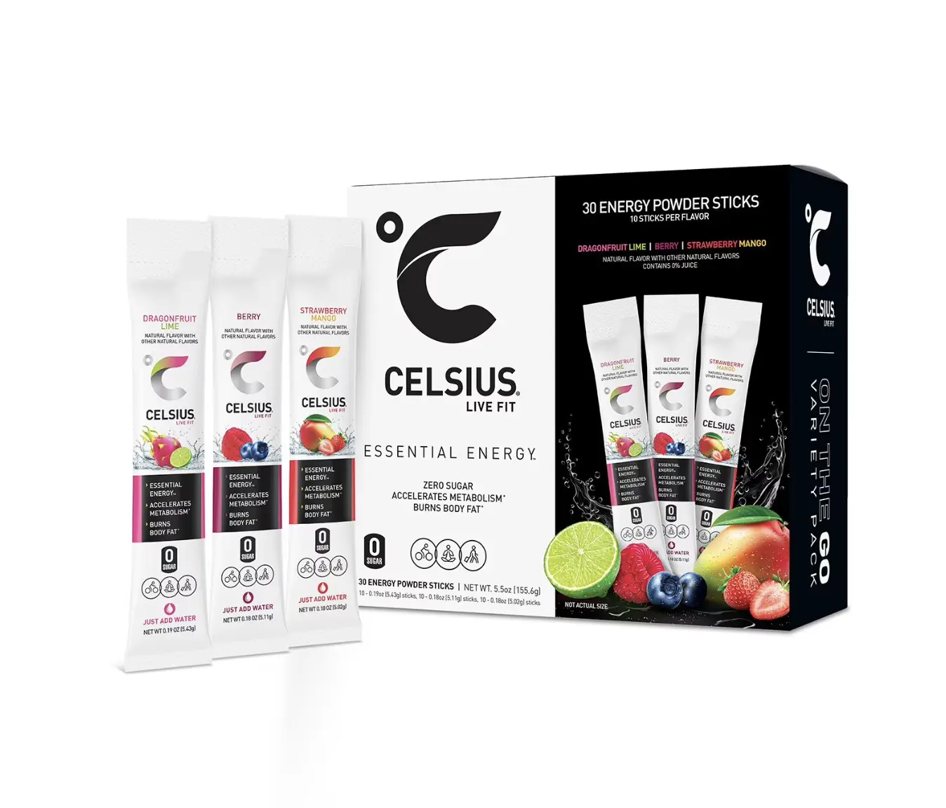 Celsius On The Go Vitamin C Sugar-Free Hydration Powder Sticks Variety Pack, Ginger Root & Green Tea Extract, No Added Sugar Essential Energy, 30-Pk