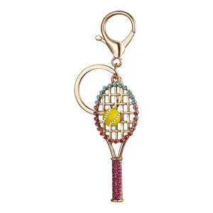 Women's Tennis Racket Keychain: Gold Plated Rhinestone Key Chain Sparkling Tennis Rackets with Mini Ball Bag Purse Sports Accessory