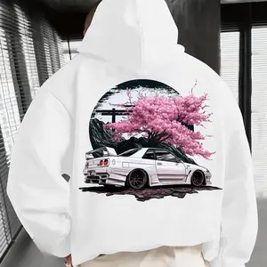 Men's -Inspired Cherry Blossom & JDM Car Print Hooded Sweatshirt - Winter Warm Pullover with Text Loose Fit Casual texas degenerate hoodie teens street style larry bird duck graphic pullover clearance deals today tiktok shop deals brent   rivera  merch