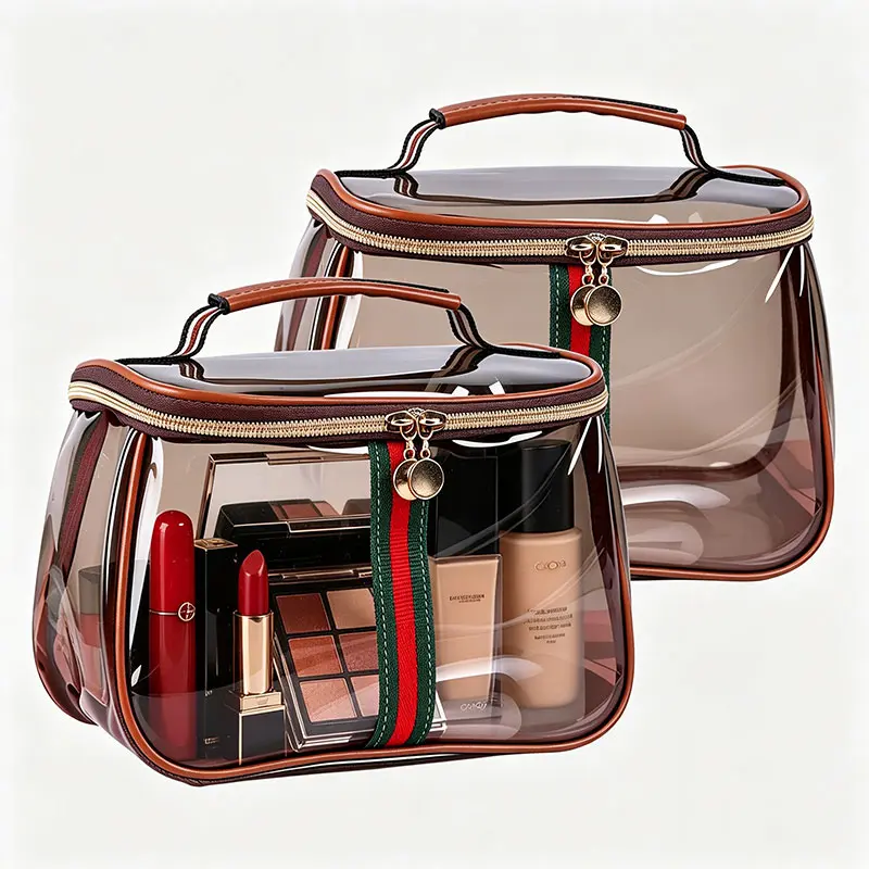 Women's New Retro Vintage Vanity Bag (1-2PCS, Brown) - Waterproof Transparent Large-Capacity Makeup Organizer, Portable Multifunctional Skincare Toiletry Case, Gifts for Women for Daily & Travel Use