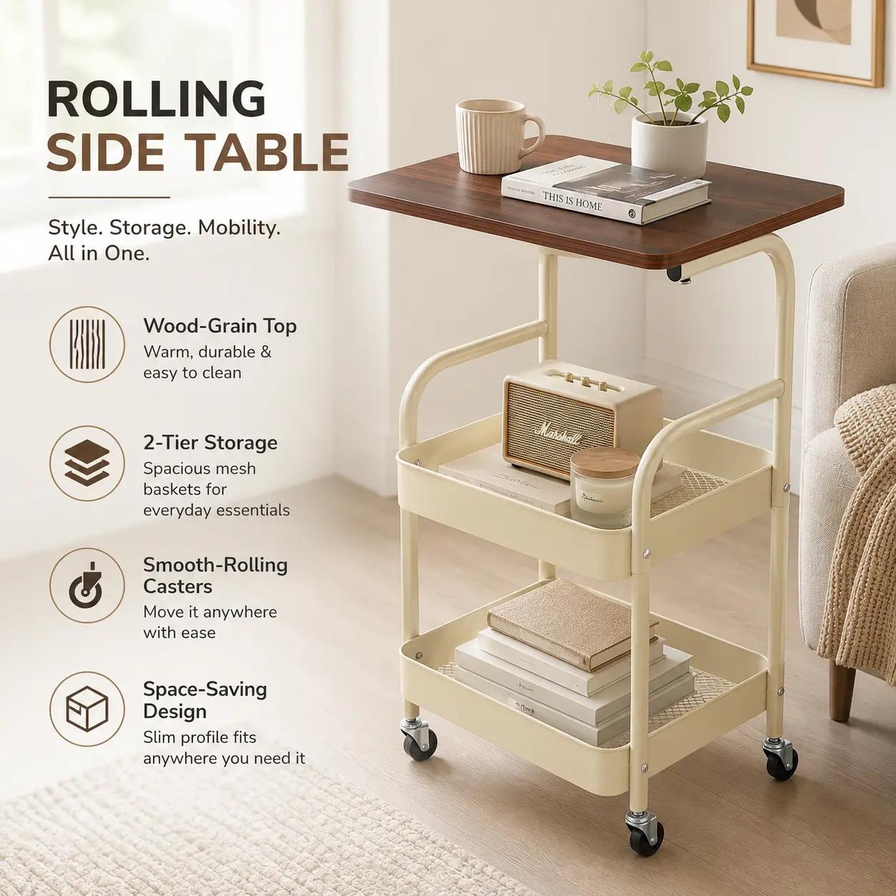 Rolling Side Table Cart with Wheels, 2-Tier Mobile Storage End Table with Wood-Grain Top for Bedroom, Living Room, Office and Small Spaces