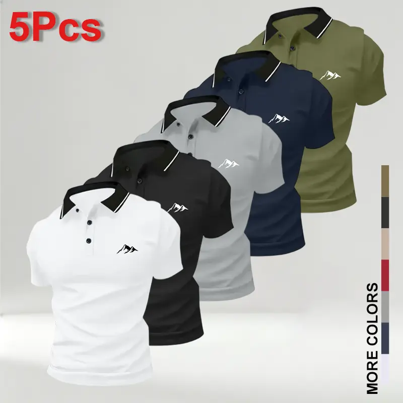 Pack of 5 summer men's short-sleeve poloshirts with turn-down collar and Mountainprint;casual sportswear tops for men-essential for business travel,dates,and homewear I Breathable,comfortable fabric;casualstyleIGolf shirt, Menswear Set Fashion Shortsleeve