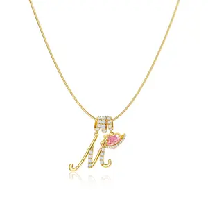 Golden 3-Layering Initial A-Z Letter Pendant Necklaces for Women Snake Chain Choker Pink Heart Zircon Adjustable Length Necklace Jewelry For Valentine's Day