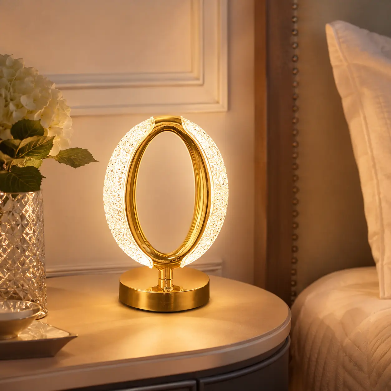 USB-Rechargeable Crystal Oval LED Table Lamp - Touch Control, 3 Modes, Modern Gold-Toned Base, Ambient Mood Lighting, Aesthetic Specialty & Decorative LED Lights, Ideal for Bedrooms, Great Gift