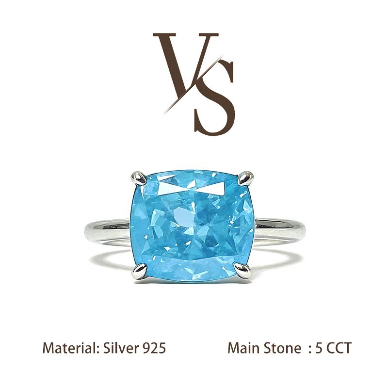 [Venus Jewelry] Lab Created Gemstone 5 CCT Cushion Cut Solitare Four Prong Design Solid Silver 925 Ring