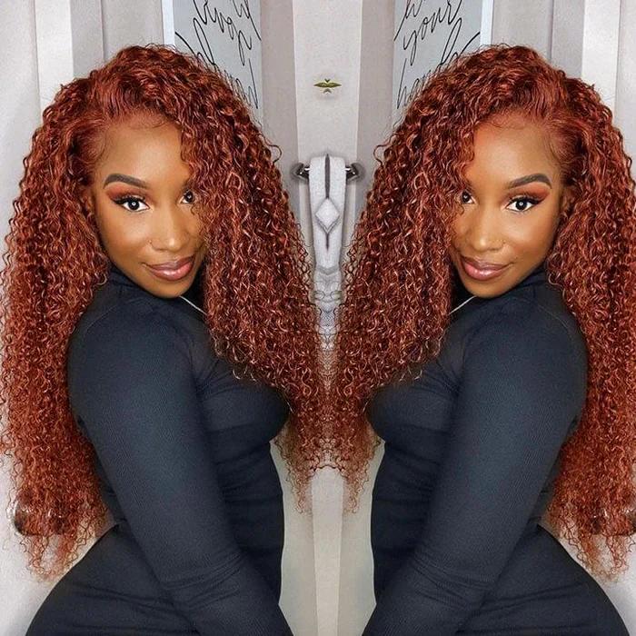 Pizazz Hair #33 Reddish Brown Curly Glueless Wig Pre-plucked 8x5 Pre Cut HD Lace Wig Quick & Easy Install