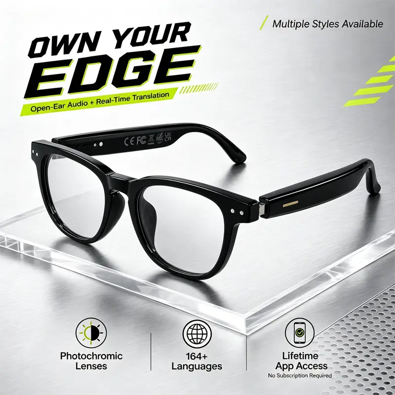 PLEIVO AI Translation Smart Glasses (Single Pair, 0.66wh) - Open-Ear Audio, Real-Time Language Translation, Bluetooth Calls, Music, Lifetime Free App Access, Stylish Black Wearable for Travel, Business, Men & Women, Black Rivet Full Square Smart Audio Gla