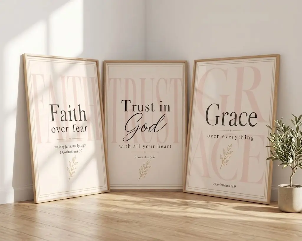 Set of 3 Bible Verse Prints | Christian Wall Art Printable | Faith Over Fear, Trust in God, God is Within Her | Neutral Pink Decor for Women
