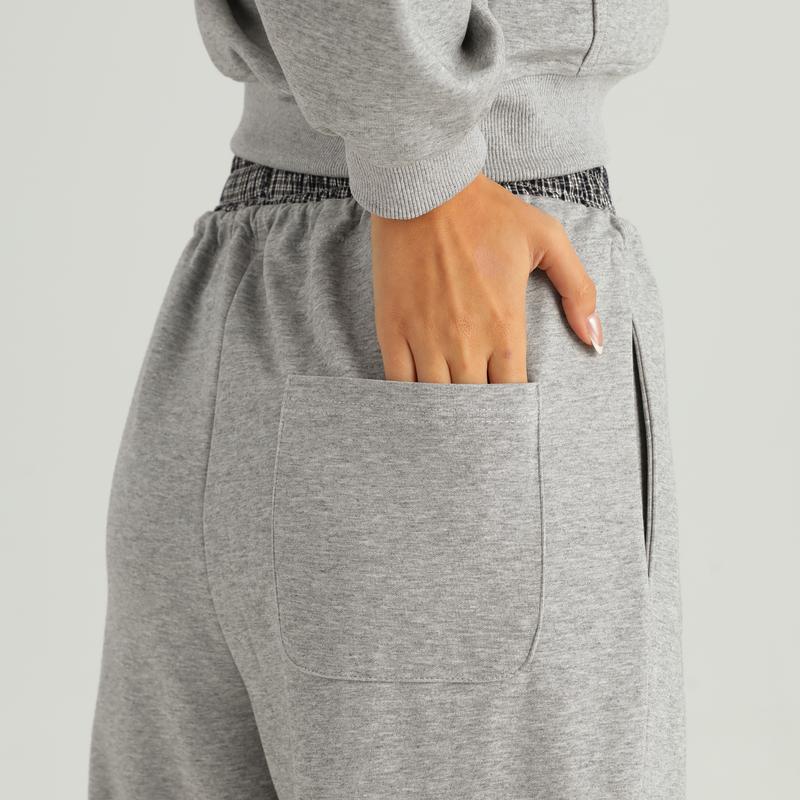 KatchMe Women's Chic Hooded Long Sleeve Cropped Hoodie & Contrast Waist Wide Leg Trousers Co-ord, Versatile Lightweight Two Piece Outfits, Solid Color Going Out Set(2)