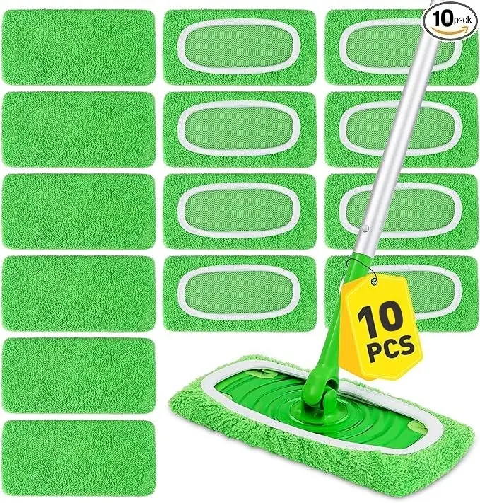 10 Pack "10×4.5 Inch"&”17×5Inch“ Reusable Microfiber Mop Pads Replacement Compatible with Swiffer Sweeper, Machine Washable Mop Pads Refills for Wet & Dry Floor Cleaning, Mopping Cloths Fits Hardwood, Marble, Tile & Laminate
