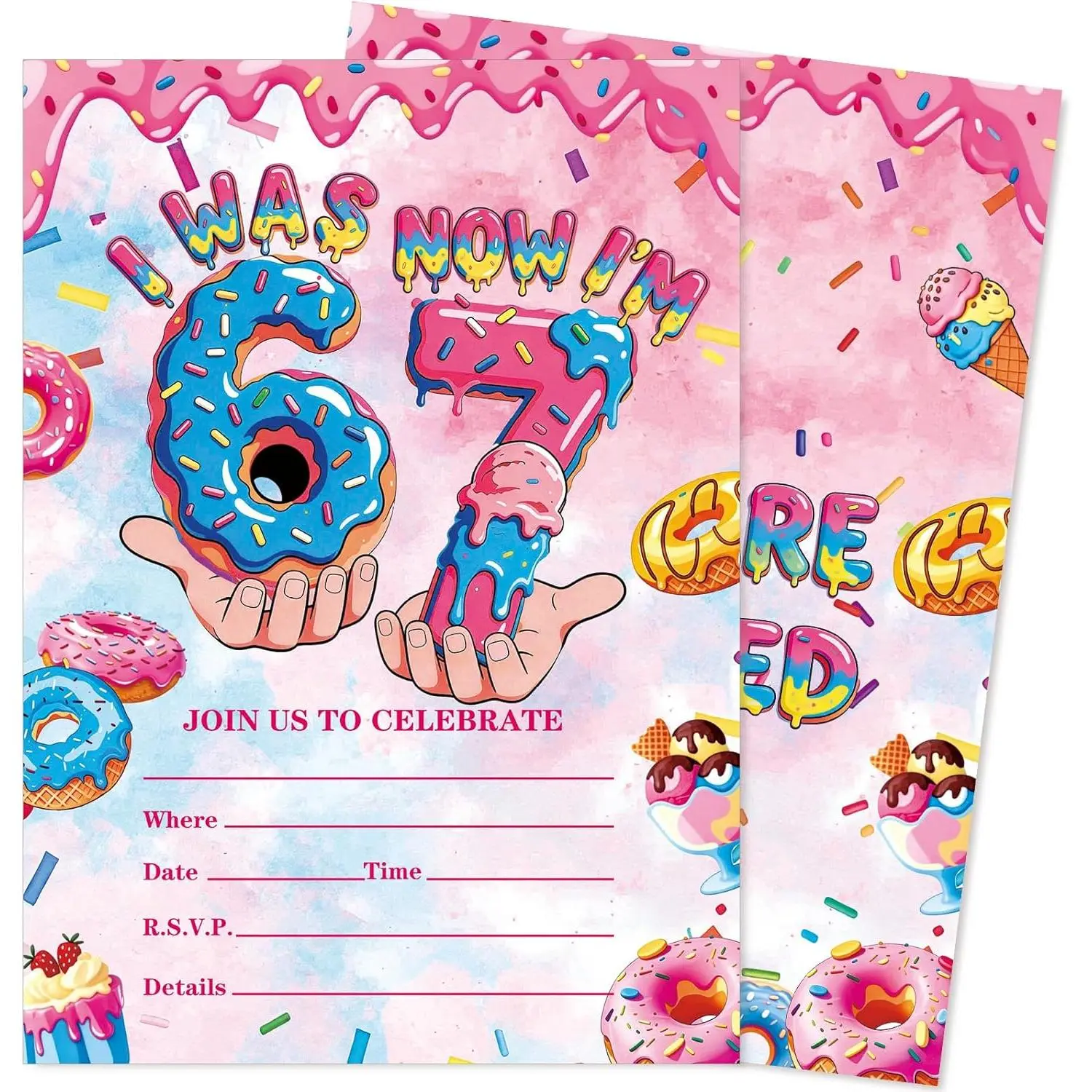 FYSUIMU 20 Set 6 7 Birthday Invitations with Envelopes Funny Meme 6 7 Donut Theme Fill in Blank Party Invites Cards for Boys Girls Teens Six Seven Party Decor Supplies