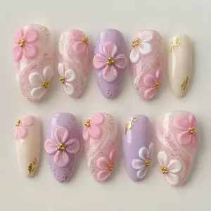 Handmade Pastel Floral Press On Nails | 3D Flower Pink Purple Nails | Soft Spring Cute Fake Nails | Elegant Kawaii Nail Set