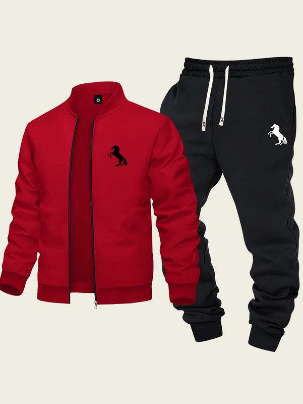 Men's Baseball Collar Casual Set 2-Piece Fashion Zipper Jacket & Drawstring Sweatpants Minimalist Trendy Design with Galloping Horse Print Ideal for Sports & Everyday Wear