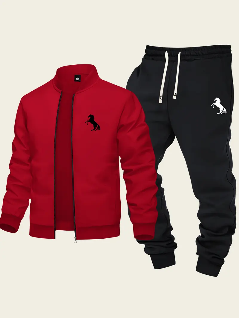Men's Baseball Collar Casual Set 2-Piece Fashion Zipper Jacket & Drawstring Sweatpants Minimalist Trendy Design with Galloping Horse Print Ideal for Sports & Everyday Wear
