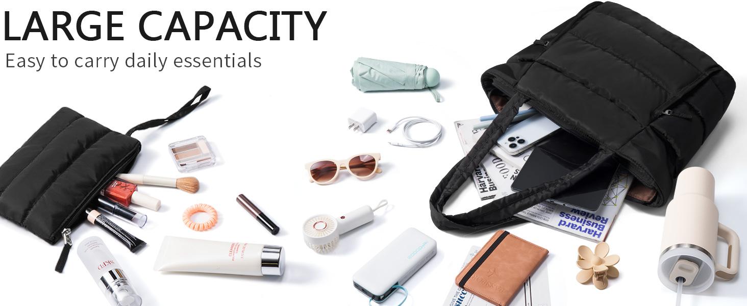 Bagstellar Puffer Tote Bag for Women with Makeup Bag, Large Work Tote Laptop Bag, Lightweight Travel Tote Bag with Zipper Gifts for Women Teacher Nurse Quilted Shoulder Bag for School Gym