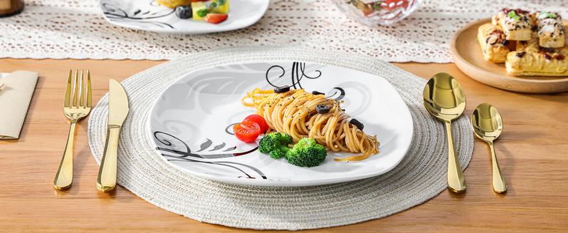 VEWEET Zoey 18/24-Piece Dinner Set Ivory White Black Decals Porcelain Combination Sets, Stackable Porcelain Plate Sets Service for 6 Winter Holiday