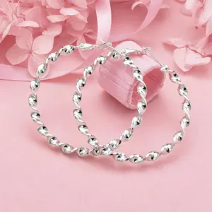 Pair Of 925 silver-plated Earrings, Suitable For Women, Elegant Large Circle Design, , Hypoallergenic Ear Needles, Large Hoops Earring Thick Twisted Silver Hoops 50MM Suitable For Daily And Vacation Wear, Suitable As Valentine's Day Gift