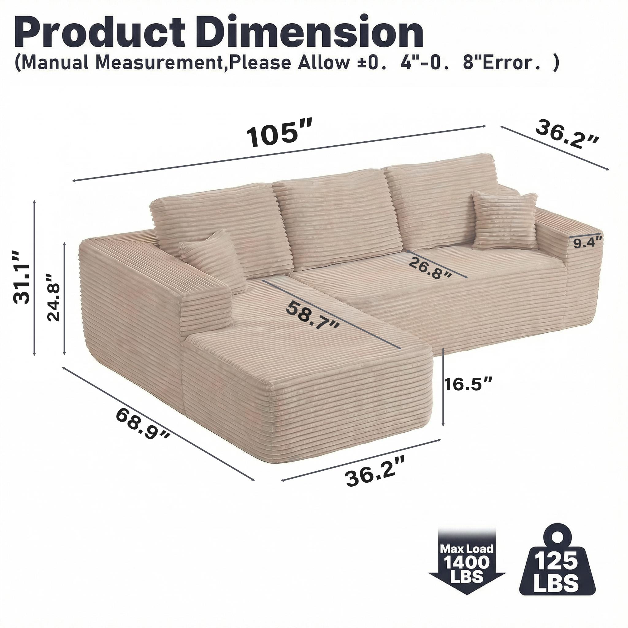 96.9" Cloud Sectional Sofa with L-Shape Chaise and Side Pockets , bonelesscouches compression bed ,Modern Modular Design, Deep Seating, Upholstered for Living Room/Bedroom, No Assembly Required (Corduroy Fabric), Left-facing 96.9" Cloud Sectional Sofa with L-Shape Chaise and Side Pockets , bonelesscouches compression bed ,Modern Modular Design, Deep Seating, Upholstered for Living Room/Bedroom, No Assembly Required (Corduroy Fabric), Left-facing