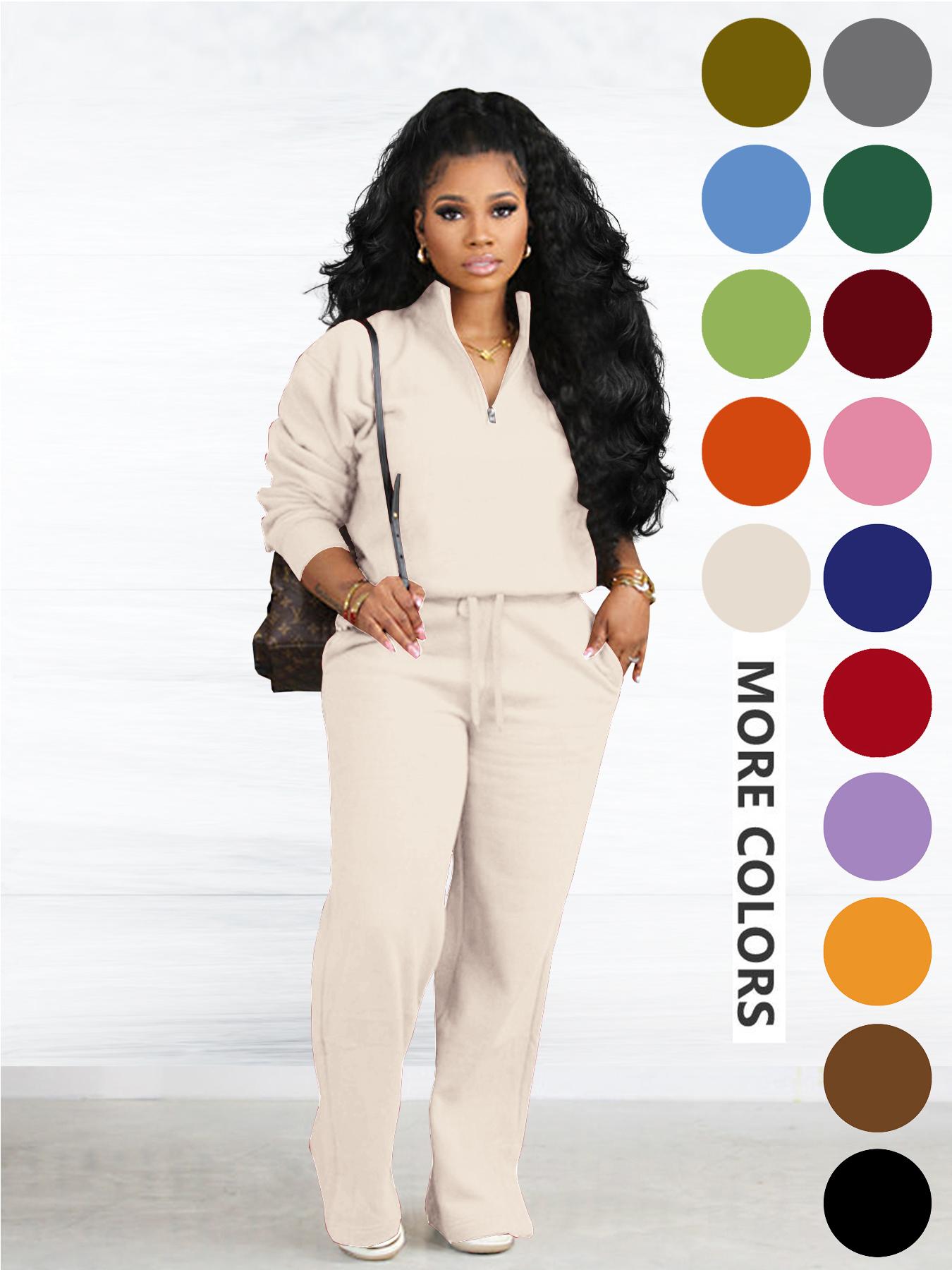 Women's Two-piece Set Solid Zip Up Funnel Neck Sweatshirt & Drawstring Waist Pants Casual Fall Winter Workout Sets Cozy Drop Shoulder Long Sleeve Top Pocket Trousers for Daily Outdoor Wear