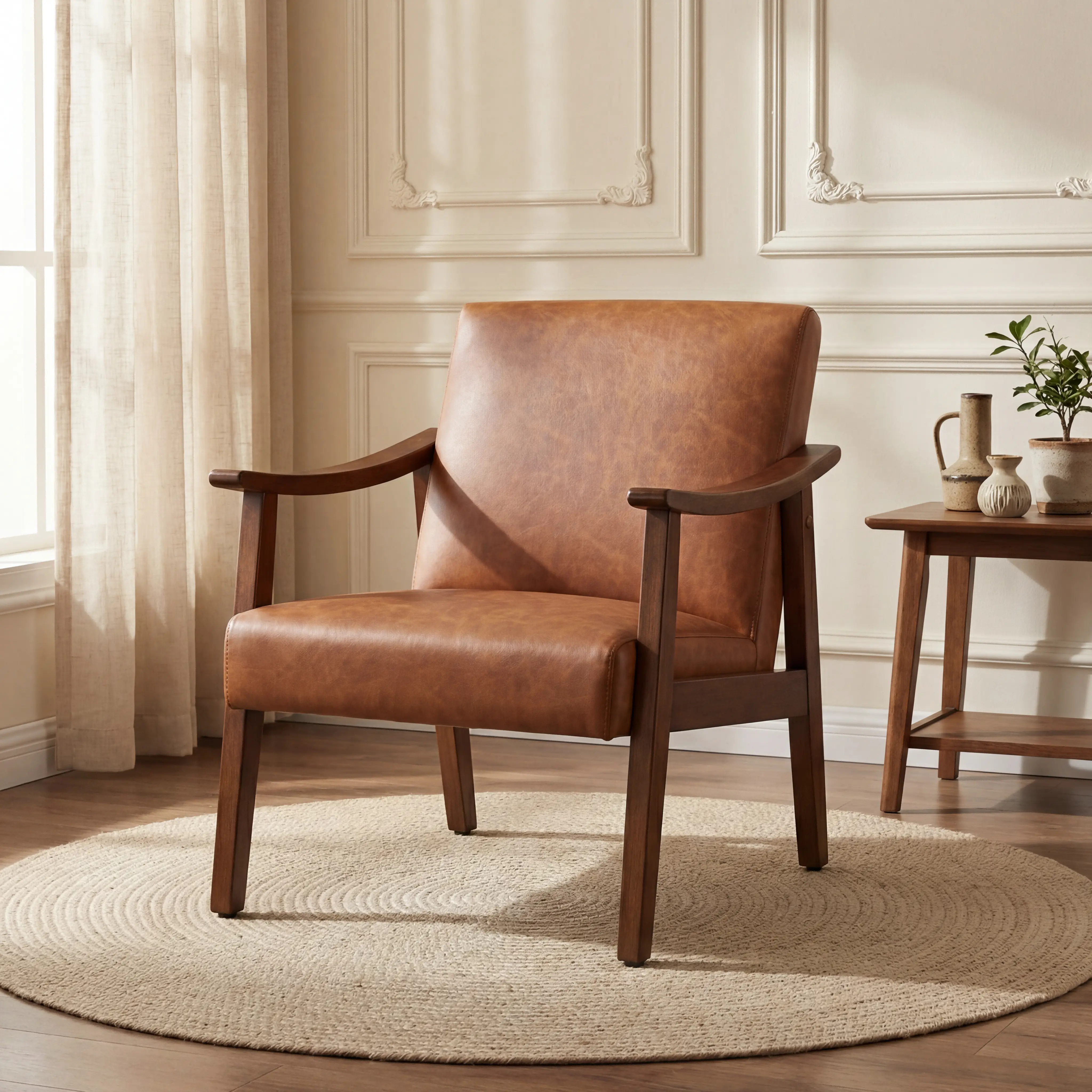 Costoffs Mid-Century Modern Faux Leather Cushioned Upholstered Accent Chair - Solid Wood Legs, Furniture for Living Room, Bedroom - Modern Wooden, Leather Cushioned, Retro, Seated Styles, Modern Wooden Armchairs