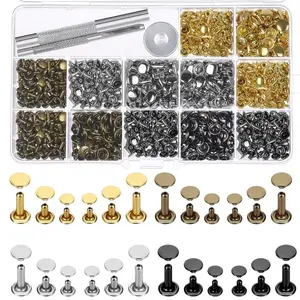 Selizo 480 Sets Small Double Cap Leather Rivets 4 Colors 3 Sizes (Cap Diameter: 6Mm/8Mm/8Mm) Tubular Metal Studs with 3 Pieces Setting Tool Kit for Leather Craft Repairs Decoration selizo