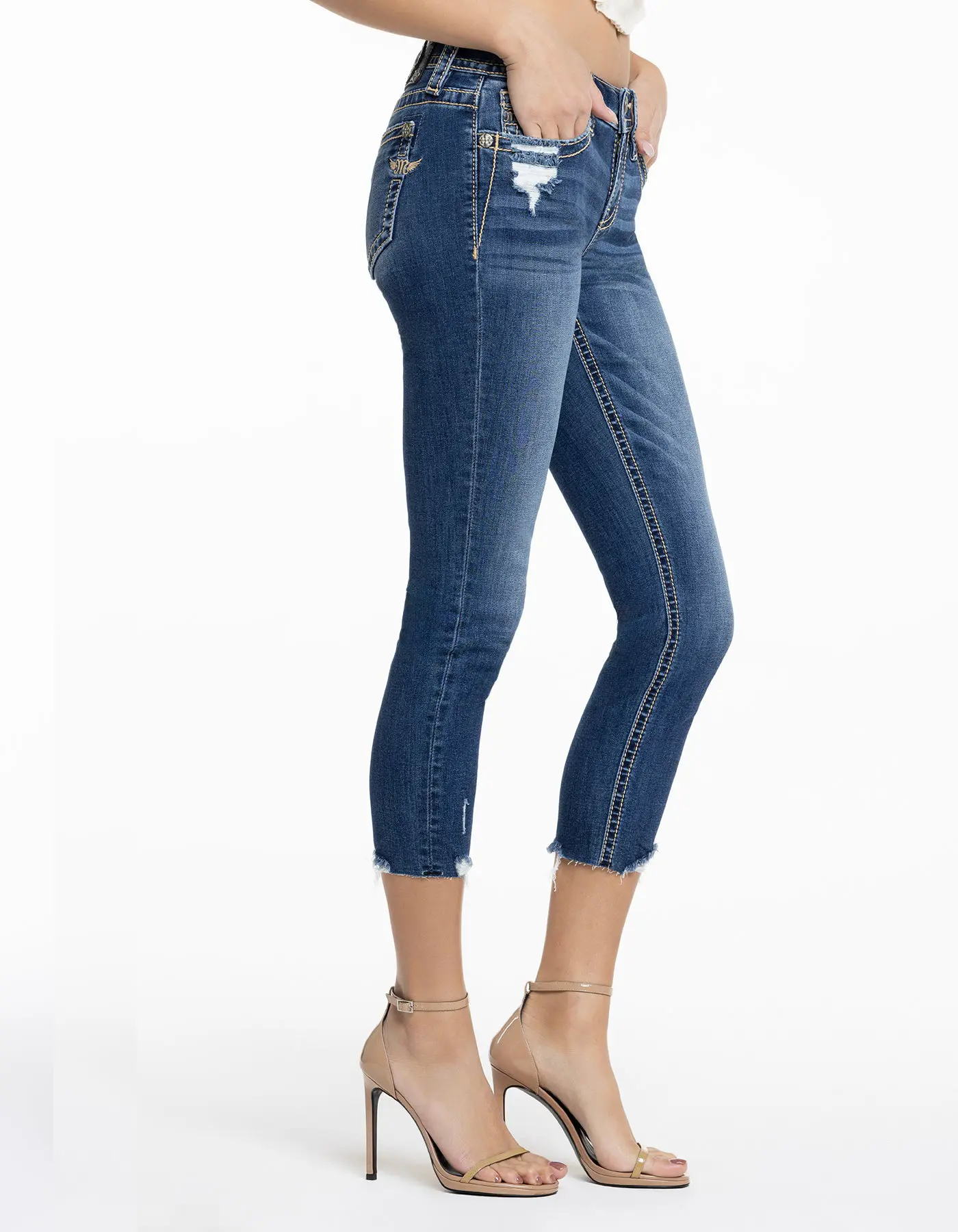 Miss Me Women’s Mid-Rise Cropped Skinny Jeans - Washed Denim - Distressed & Mini Wing Logo Vibes - Y2K-Vintage Women's Jeans - Wear All Seasons