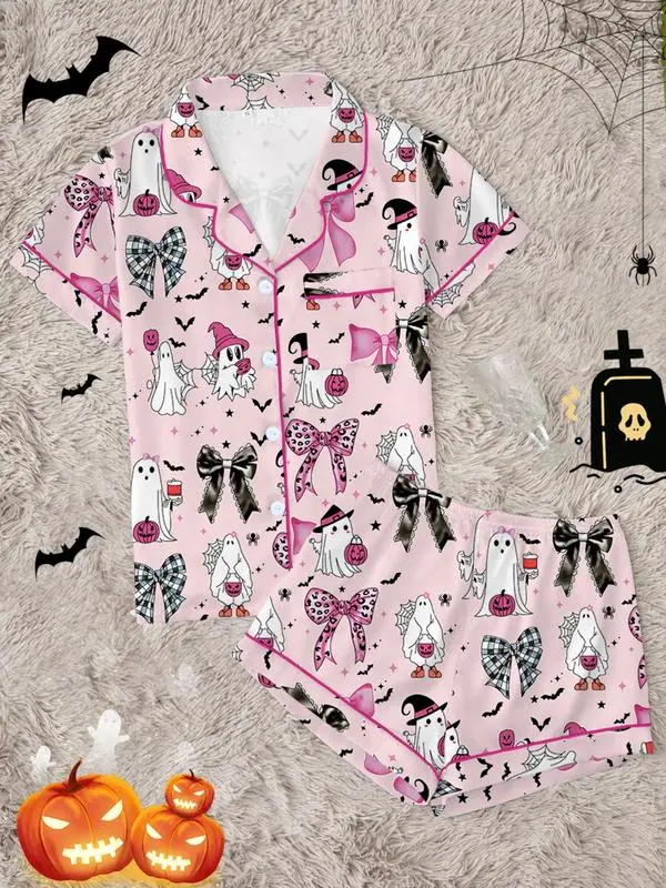 Creepy Cute Halloween Pajamas, Skeleton Print Button Up PJ Set, Goth Style Sleepwear, Black Piping Summer Loungewear