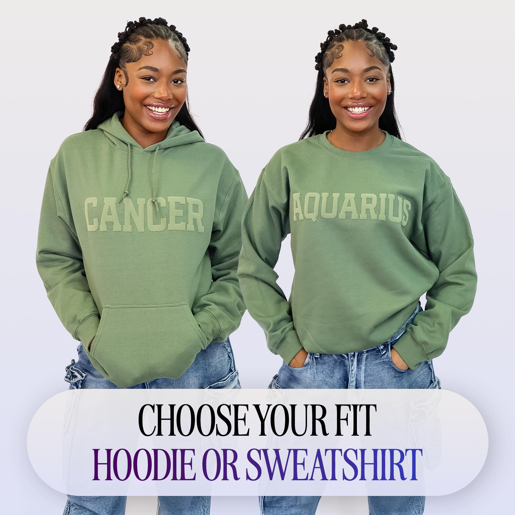 Military Green Zodiac Puff Print Top Unisex, Choose Sweatshirt or Hoodie, Astrology Apparel, Limited Edition
