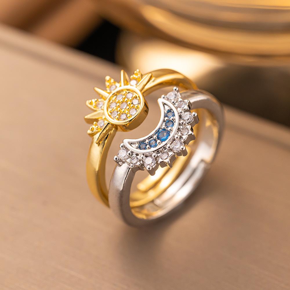Sun & Moon Rhinestone Design Ring, New Style Fashion Jewelry for Party, Daily Clothing Decor, Trendy All-match Perfect Holiday Gifts for Family, Wife, and Friend, Elegant Rhinestone Ring