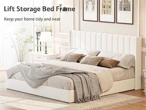 AMERLIFE Lift Up Storage Bed Frame, Linen Upholstered Platform Bed with Vertical Channel Tufted Headboard and Wingback, Hydraulic System, No Box Spring Needed, Wood Slats Support/Best Gift Ideas/Christmas Gifts