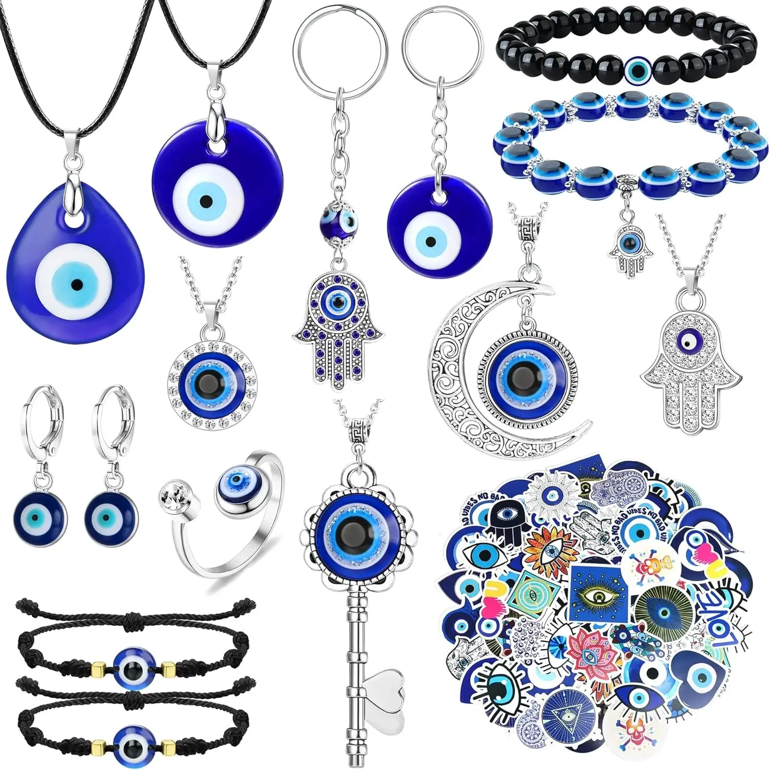Fashionable Unisex Evil Eye Jewelry Set, 15Pcs Turkish Protection Alloy Necklaces, Bracelets, Hoop Earrings & Ring with 50pcs Stickers, Fashionable Jewelry Set, 50Pcs Evil Eye Stickers, Daily, Glass Alloy, Multiple Styles, Adjustable, Everyday