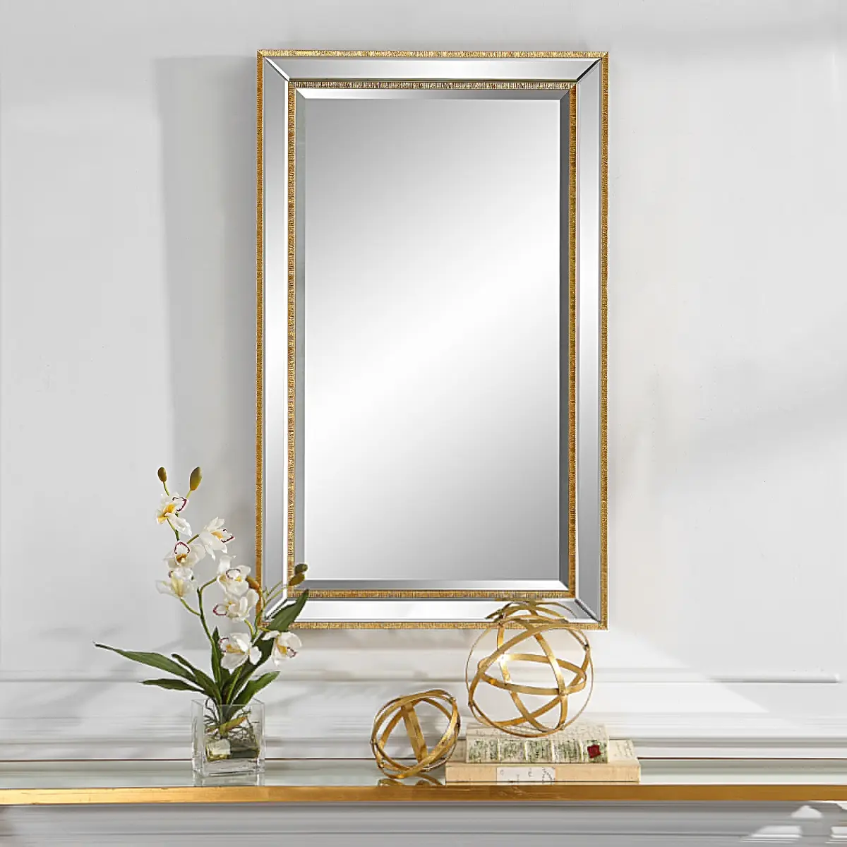 212 Main Gold Rectangle Mirror with Beveled Edges, 24x40x1 in, Elegant Home Decor for Living Room