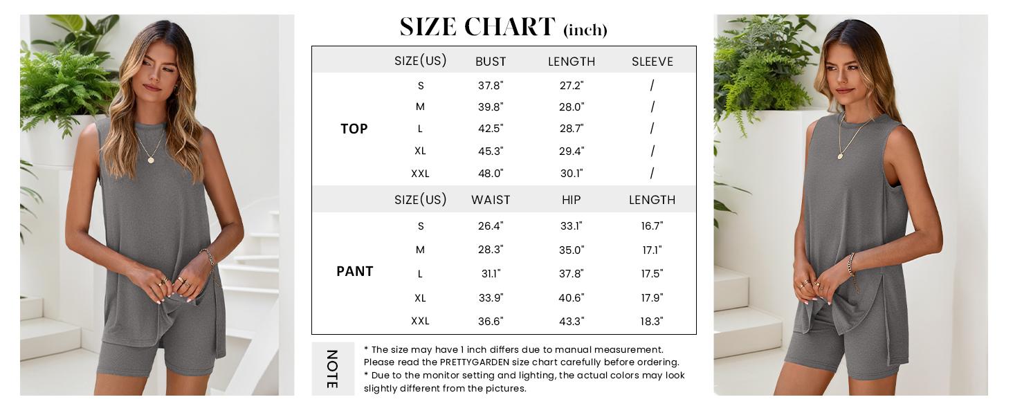 PRETTYGARDEN Sleeveless Crewneck Women's 2 Piece Sets Summer Matching Lounge Shorts Set Resort Airport Travel Outfit Split Hem Casual Clothes Basic Fitted Homewear