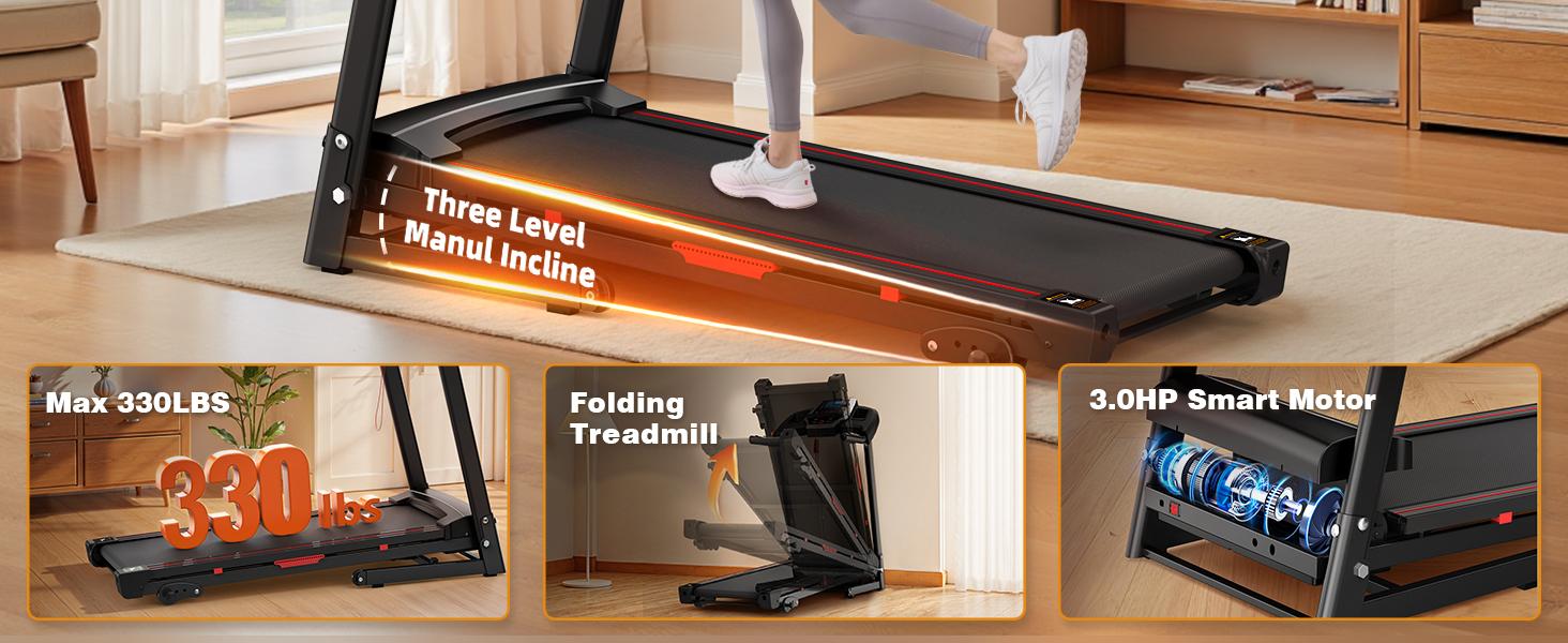 LIVIVOX 3.5HP Portable Folding Treadmill with Incline 330LBS Weight Capacity，8.5MPH, LED Display Easy Foldable Home Gym Machine for Apartments & Home Use Walking Pad Jogging Equipment， home gym equipment,10% incline walking pad treadmill