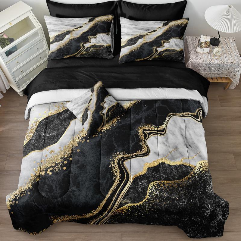 Black Marble Comforter Set Queen Size 8 Pieces Bed in a Bag Gold Metallic Marble Design Bedding with 1 Comforter, 4 Pillowcase, 1 Flat Sheet, 1 Fitted Sheet, 1 Cushion Cover