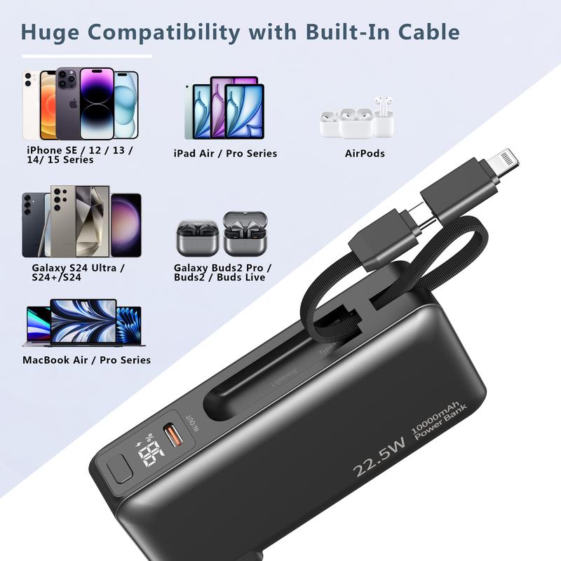 Portable Charger Power Bank with AC Wall Plug, 10000mAh Built-in Cables PD 22.5W Fast Charging with LED Display, Travel Accessories for iPhones & Smart Devices Portable Charger Power Bank with AC Wall Plug, 10000mAh Built-in Cables PD 22.5W Fast Charging with LED Display, Travel Accessories for iPhones & Smart Devices