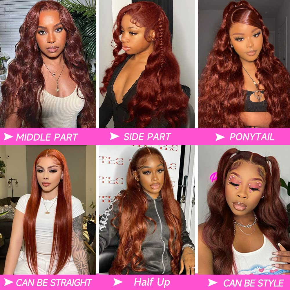 Dark Reddish Brown Wigs  Lace Front Wigs Human Hair 13X4 HD Lace Front Wigs Human Hair 200 Density Body Wave Frontal Wigs Human Hair with Baby Hair Glueless Wig Auburn Colored Wigs 33#