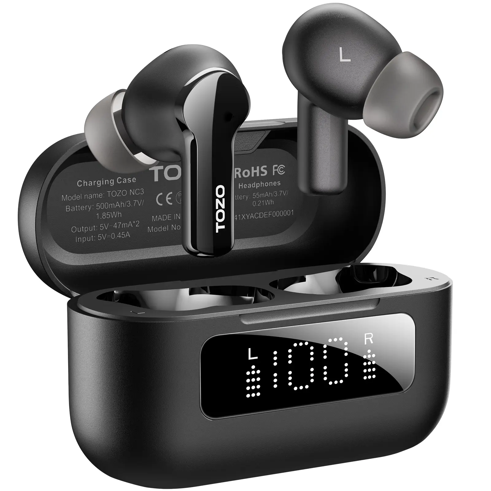 TOZO NC3 Hybrid Active Noise Cancelling Wireless Earbuds, 6 Mics ENC Clear Call, 55H Long Playtime, 32 Preset EQs via APP, Bluetooth 5.3 Headset, IPX8 Waterproof, in-Ear Headphones with LED Display