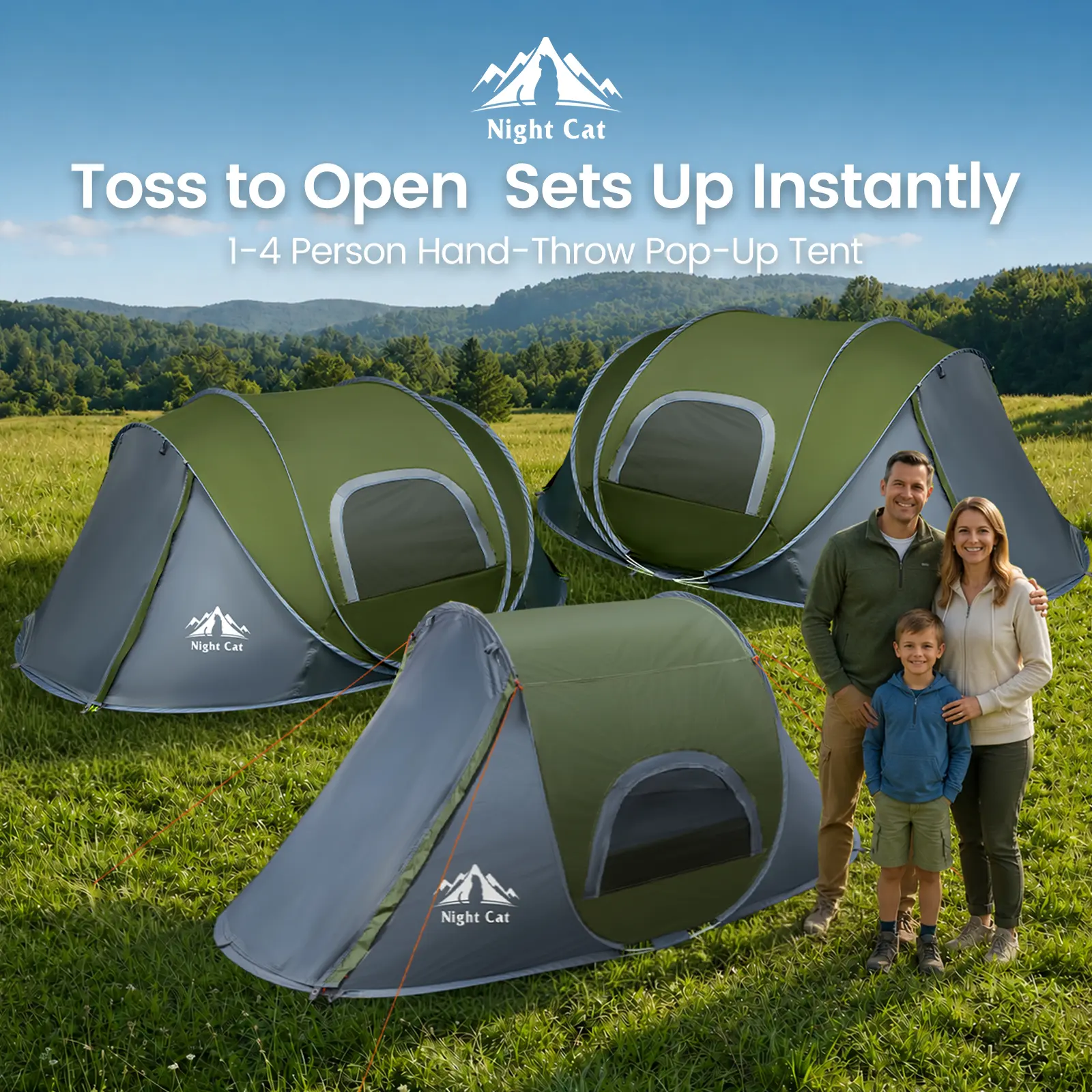 Night Cat Pop-up Tent for 1-4 Persons, Waterproof Polyester Instant Cabin Tent with Porch for Outdoor Camping & Beach Shelter, Beach Tent