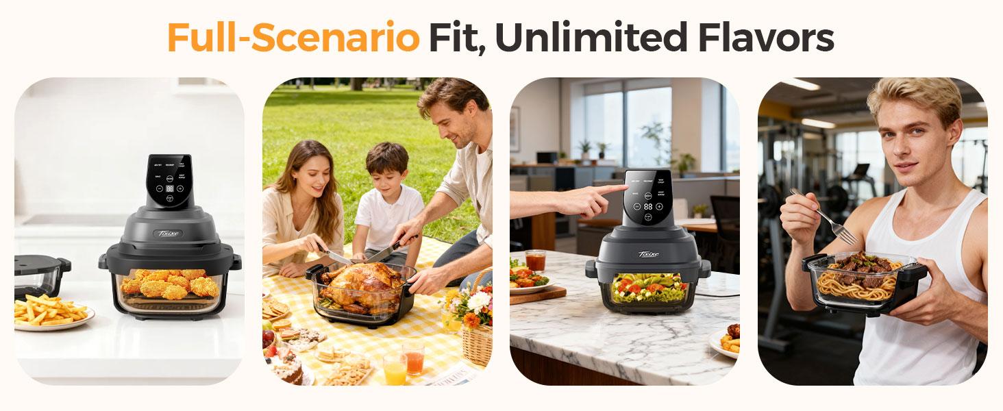 1500W 5-in-1 Glass Air Fryer Non-Toxic - 4Qt Pot+6Cup Container with Lid & Dust Cover, Portable Smart Kitchen Appliance Silicone Pad Included