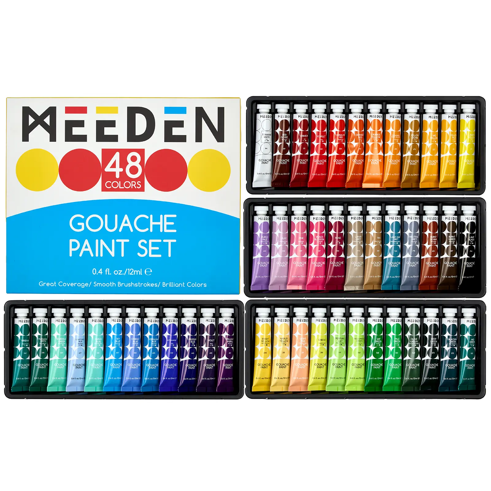 MEEDEN Non-Toxic Gouache Paint Set - 12/24/48 x 12ml/0.4oz Water-Based Tubes, Art Color Set for Canvas, Paper, Beginner Friendly Drawing & Painting Supplies for Artists, Beginners