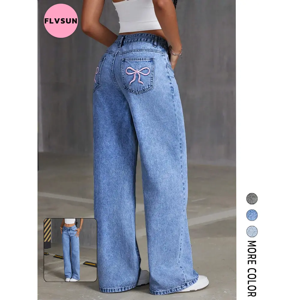 Flvsun Women's Embroidered Bow Mid-Waist Straight-Leg Loose Washed Denim Jeans - Bottoms with Pockets for Carry, Easy Denim for Work-to-Weekend Days, Casual Streetwear Clothing for Thanksgiving, Holidays
