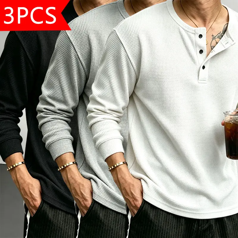 Men’s Classic Short-Sleeve Waffle-Knit Henley-Collar T-Shirt, Small Stand Collar, Half-Button Placket, Breathable Textured Knit Fabric, Relaxed Drop-Shoulder Fit, Solid Basic Streetwear Top for Casual Everyday Wear