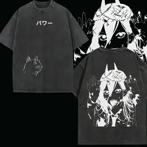 Power Chainsaw Man T-Shirt – Bloody Queen Vintage Washed Oversized Heavy Cotton Tee, Anime Manga Double Printed Graphic Top, Unisex Retro Streetwear Gift for Fans