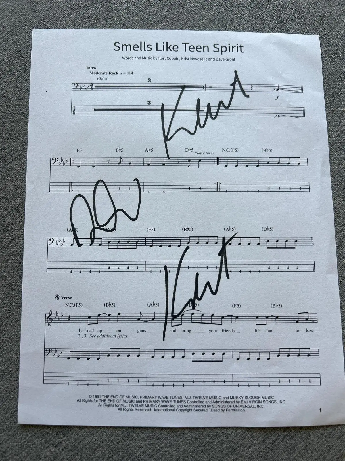 Rare Nirvana Autographed "Smells Like Teen Spirit" Music Sheet - Kurt Cobain, Dave Grohl, Krist Novoselic Signed Collectibles With COA, Autographs