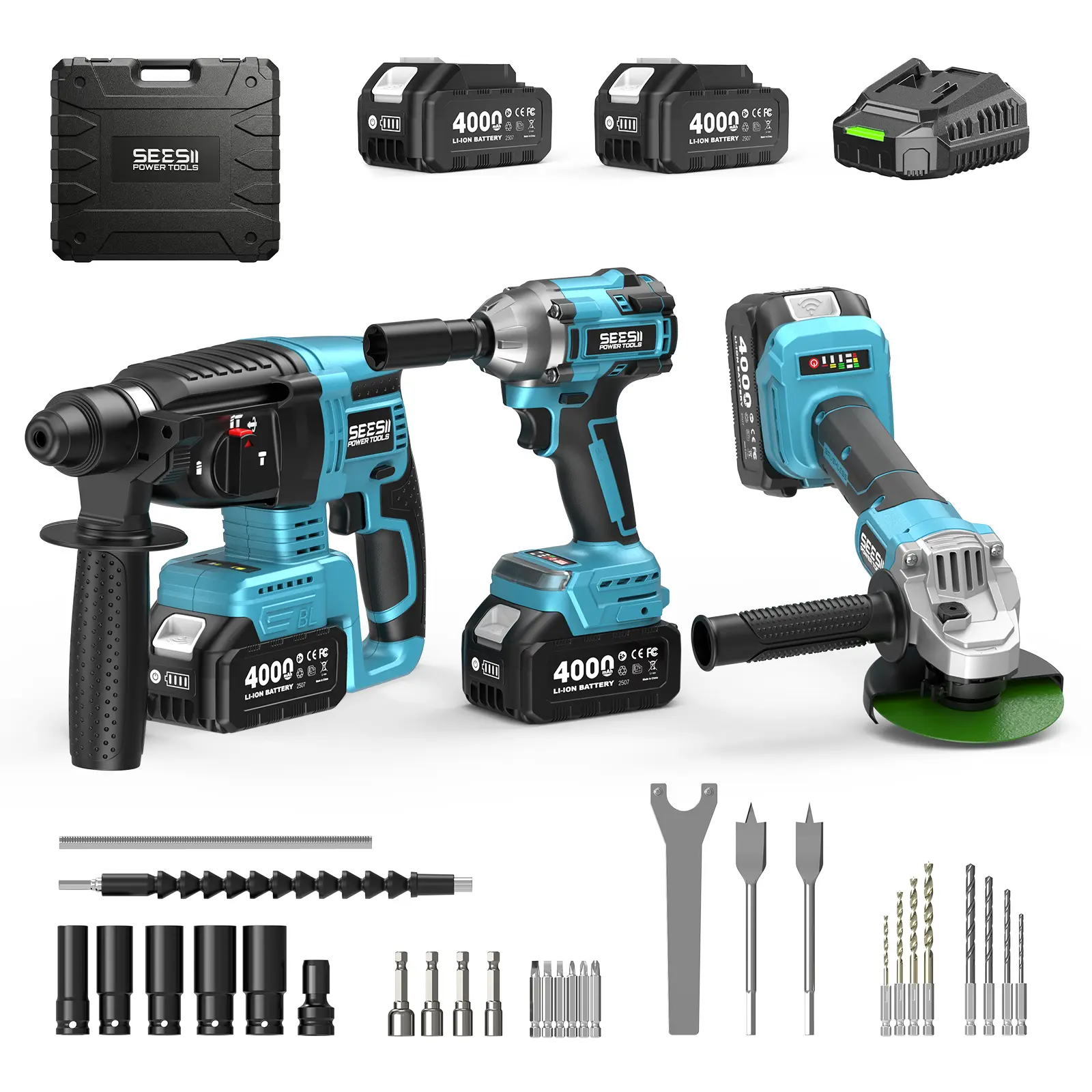 SEESII 3-in-1 Cordless Power Tool Set: Electric Rotary Hammer, Cordless Angle Grinder & Brushless Impact Wrench - Heavy Duty Combo Kit with 2x 4.0Ah Batteries for Construction, Automotive Repair & Metal Fabrication, 3ML DealsForYouDays