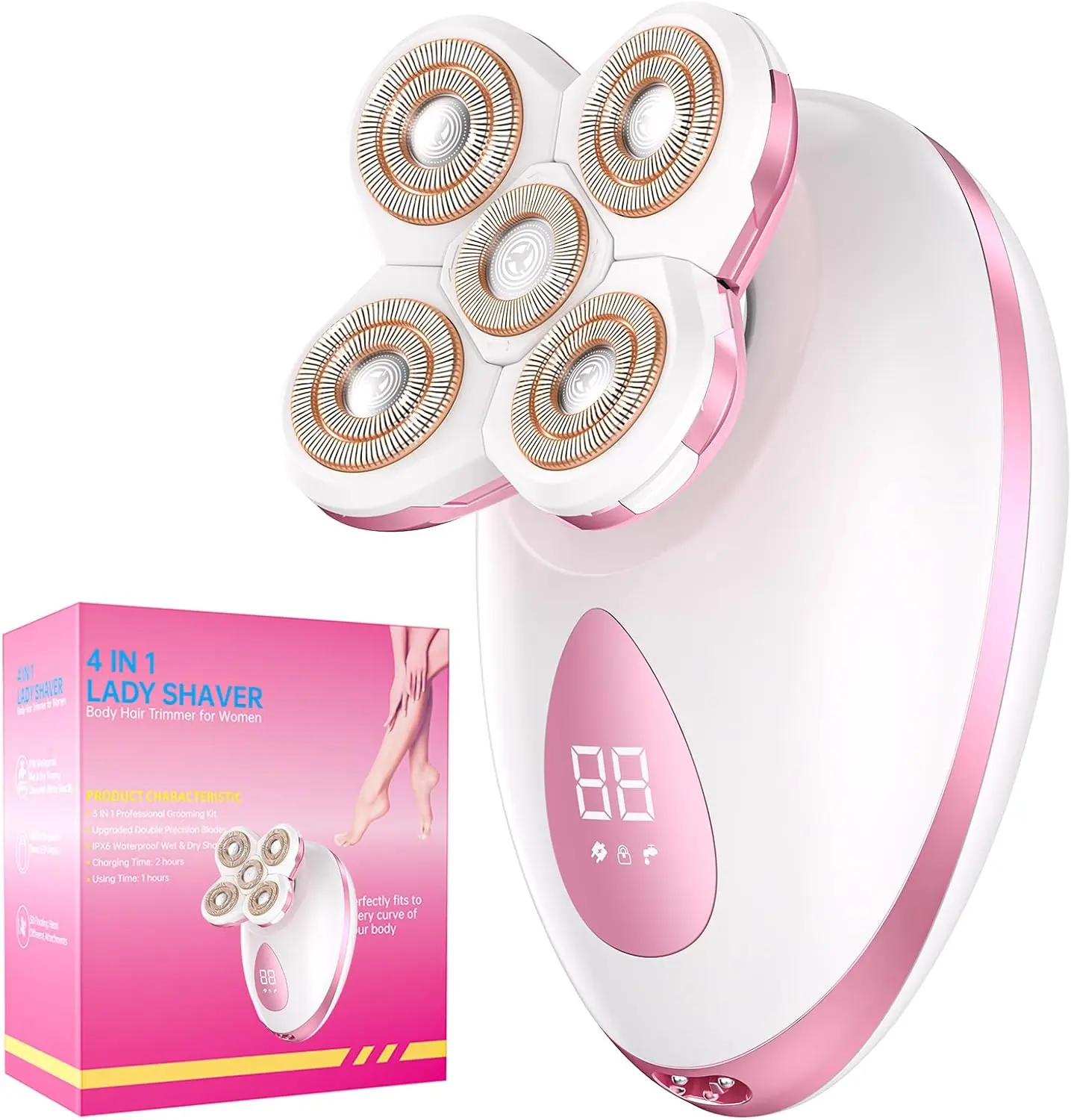 Electric Razors for Women - Painless Body Shavers for Sensitive Skin - 4 in 1 Cordless Lady Trimmer for Women's Leg, Bikini and Face - Waterproof Wet/Dry Hair Remover Kit, Rechargeable, Pink Attachment Facial Smooth TikTokShopBacktoSchool