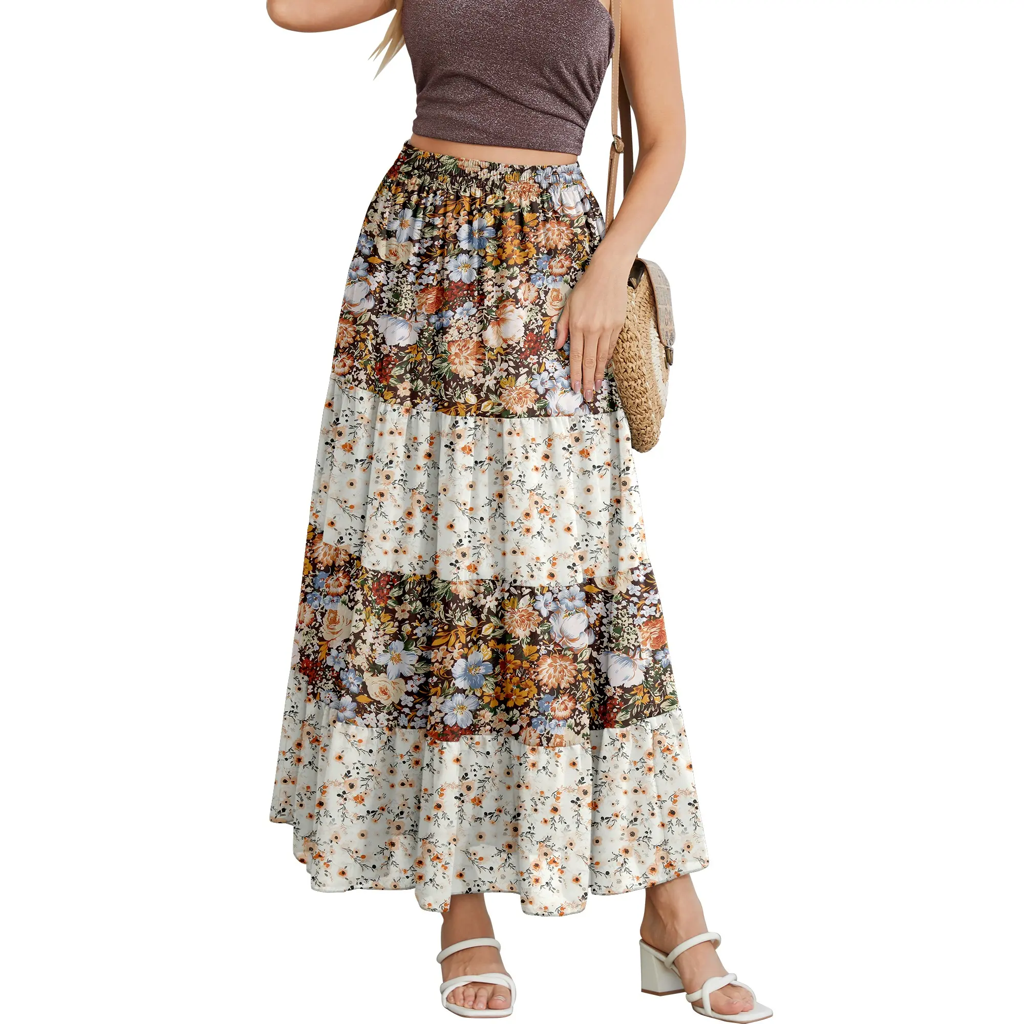 NASHALYLY Women's Maxi Skirt Elastic High Waisted Chiffon Two Color Patchwork Boho Long Skirts Summer Outfits campingessentials campingessentials Bohemian Elegant